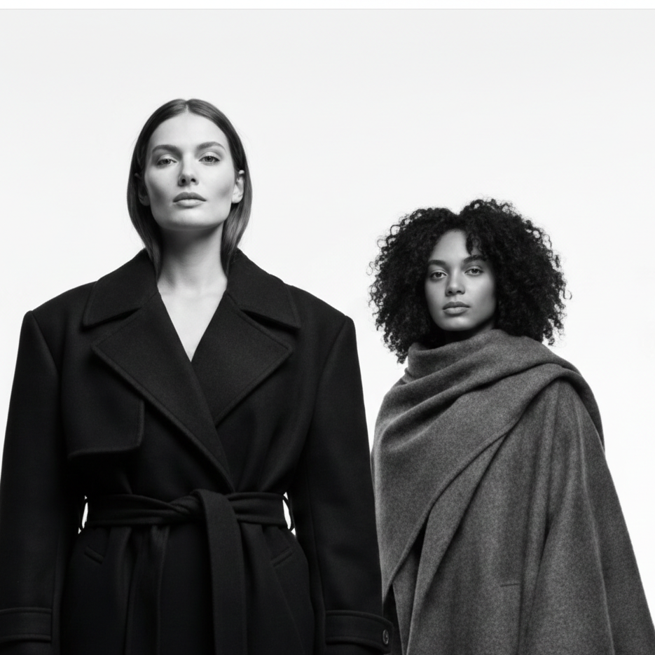 Two women wearing a black coat and gray poncho against a white background